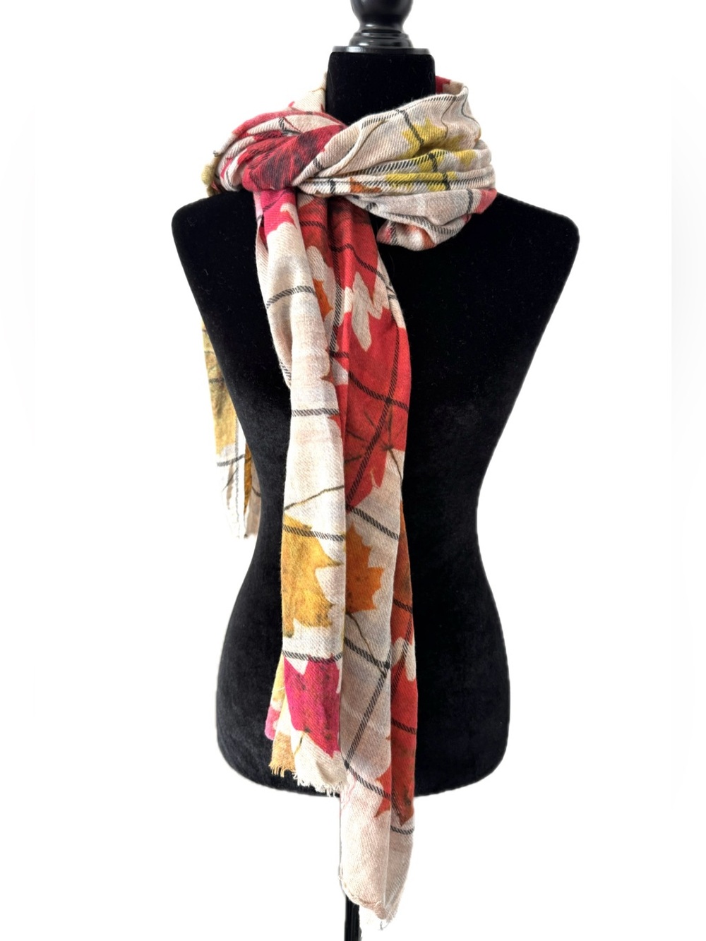 The Blue Turban Wool Cotton Blend Floral Leaf Print Scarf 25x70 - Picture 2 of 5